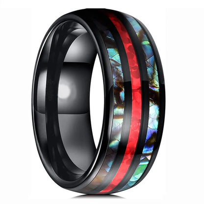 Fashion 8mm Silver Color Men Stainless Steel Rings, Pink Rose Abalone Shell Meteorite Inlay Rings for Men Women, Wedding Jewelry