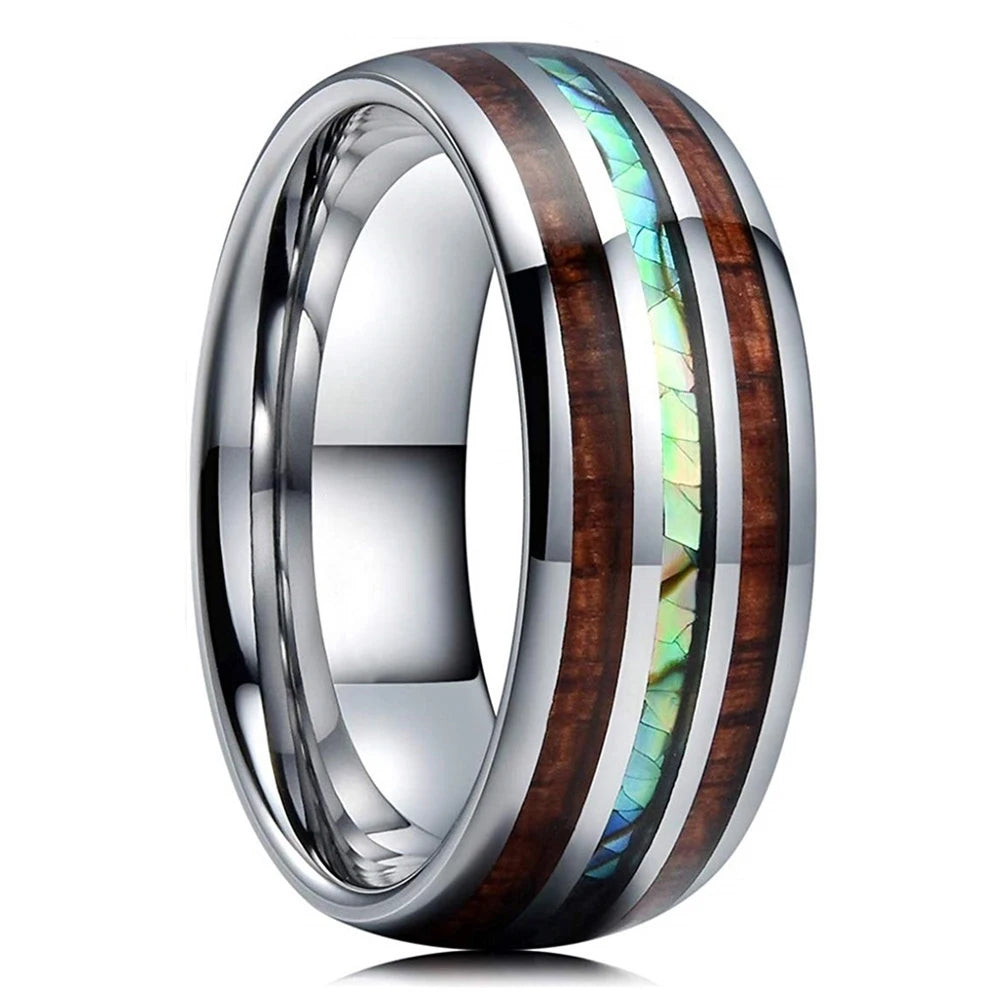Fashion 8mm Silver Color Men Stainless Steel Rings, Pink Rose Abalone Shell Meteorite Inlay Rings for Men Women, Wedding Jewelry