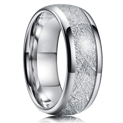 Fashion 8mm Silver Color Men Stainless Steel Rings, Pink Rose Abalone Shell Meteorite Inlay Rings for Men Women, Wedding Jewelry