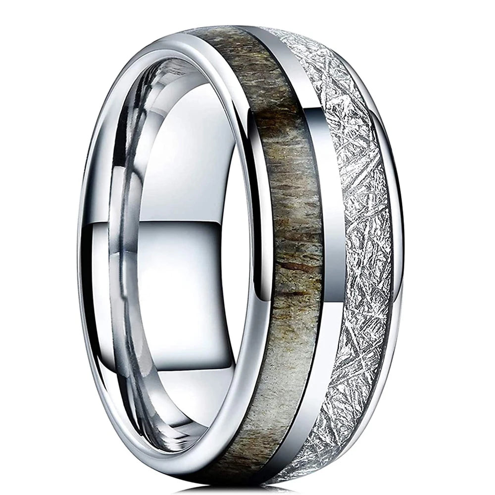 Fashion 8mm Silver Color Men Stainless Steel Rings, Pink Rose Abalone Shell Meteorite Inlay Rings for Men Women, Wedding Jewelry