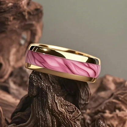 Fashion 8mm Silver Color Men Stainless Steel Rings, Pink Rose Abalone Shell Meteorite Inlay Rings for Men Women, Wedding Jewelry