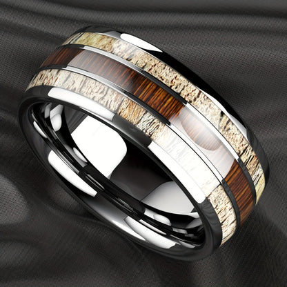 Fashion 8mm Silver Color Men Stainless Steel Rings, Pink Rose Abalone Shell Meteorite Inlay Rings for Men Women, Wedding Jewelry