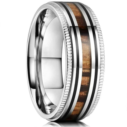 Fashion 8mm Silver Color Men Stainless Steel Rings, Pink Rose Abalone Shell Meteorite Inlay Rings for Men Women, Wedding Jewelry