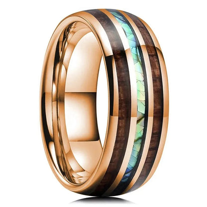 Fashion 8mm Silver Color Men Stainless Steel Rings, Pink Rose Abalone Shell Meteorite Inlay Rings for Men Women, Wedding Jewelry