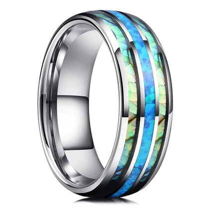 Fashion 8mm Silver Color Men Stainless Steel Rings, Pink Rose Abalone Shell Meteorite Inlay Rings for Men Women, Wedding Jewelry