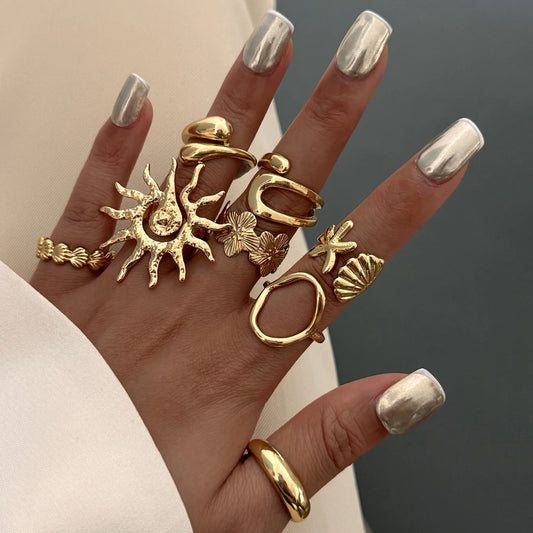 8 Pcs/Set Bohemia Sun Starfish Shell Open Rings for Women Trendy Punk Geometric Gold Color Knuckle Joint Ring Beach Jewelry Gift