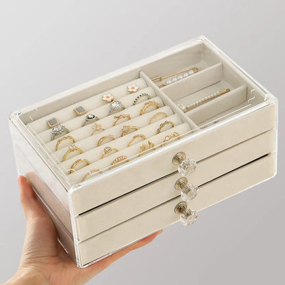 1PC Stackable 3 Layers Drawer Style Jewelry Box Beige Gray Desktop Storage Organizer for Earrings Rings Necklaces Bracelets