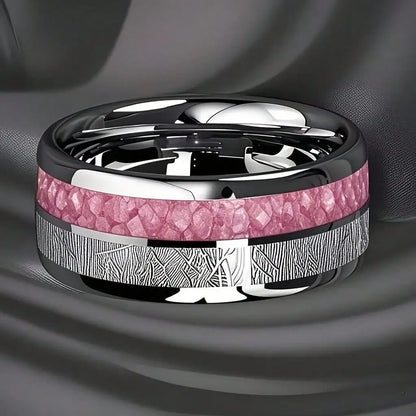 Fashion 8mm Silver Color Men Stainless Steel Rings, Pink Rose Abalone Shell Meteorite Inlay Rings for Men Women, Wedding Jewelry