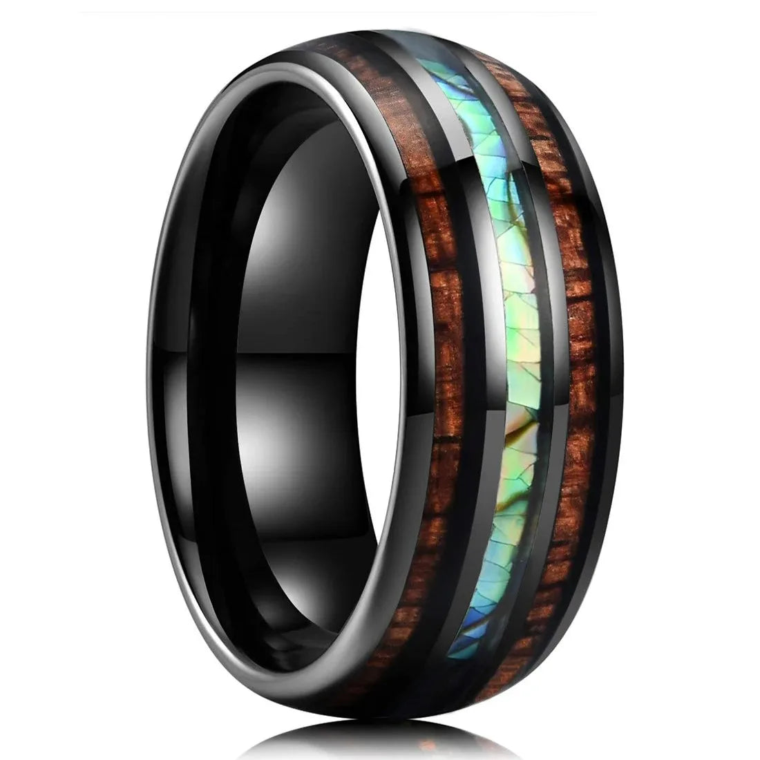 Fashion 8mm Silver Color Men Stainless Steel Rings, Pink Rose Abalone Shell Meteorite Inlay Rings for Men Women, Wedding Jewelry
