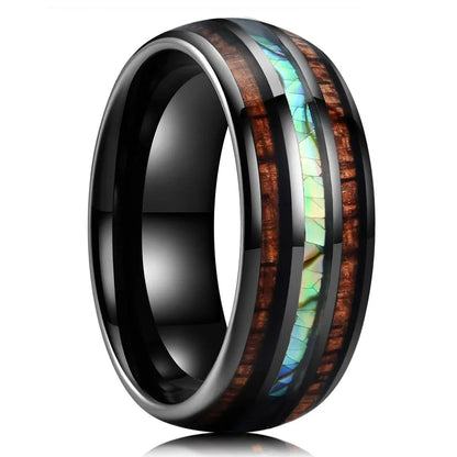 Fashion 8mm Silver Color Men Stainless Steel Rings, Pink Rose Abalone Shell Meteorite Inlay Rings for Men Women, Wedding Jewelry