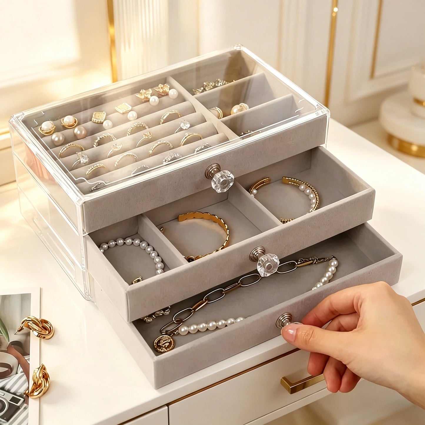 1PC Stackable 3 Layers Drawer Style Jewelry Box Beige Gray Desktop Storage Organizer for Earrings Rings Necklaces Bracelets