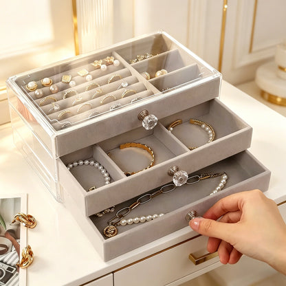 1PC Stackable 3 Layers Drawer Style Jewelry Box Beige Gray Desktop Storage Organizer for Earrings Rings Necklaces Bracelets