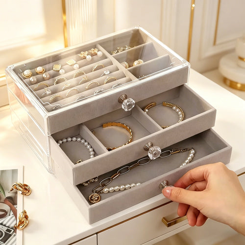1PC Stackable 3 Layers Drawer Style Jewelry Box Beige Gray Desktop Storage Organizer for Earrings Rings Necklaces Bracelets