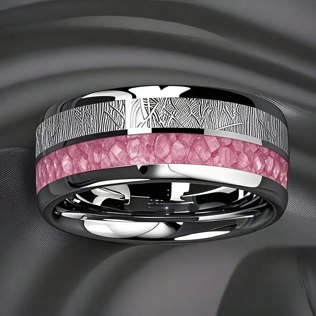 Fashion 8mm Silver Color Men Stainless Steel Rings, Pink Rose Abalone Shell Meteorite Inlay Rings for Men Women, Wedding Jewelry