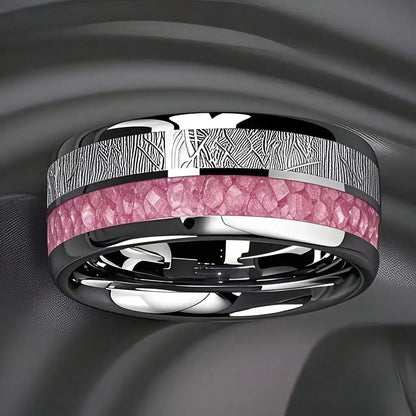 Fashion 8mm Silver Color Men Stainless Steel Rings, Pink Rose Abalone Shell Meteorite Inlay Rings for Men Women, Wedding Jewelry