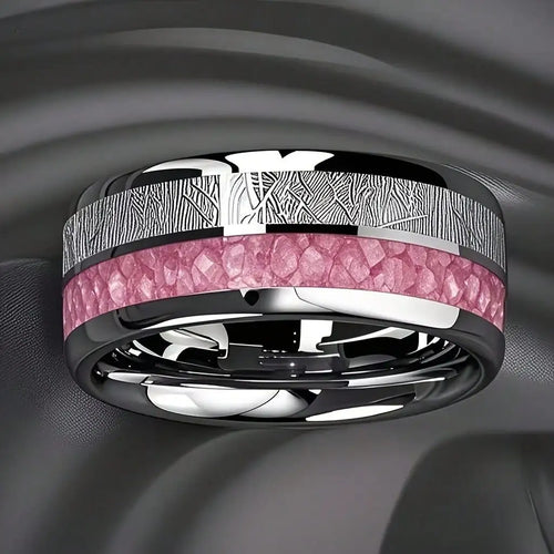 Fashion 8mm Silver Color Men Stainless Steel Rings, Pink Rose Abalone Shell Meteorite Inlay Rings for Men Women, Wedding Jewelry