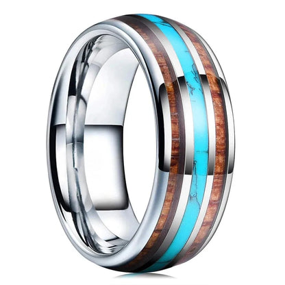 Fashion 8mm Silver Color Men Stainless Steel Rings, Pink Rose Abalone Shell Meteorite Inlay Rings for Men Women, Wedding Jewelry
