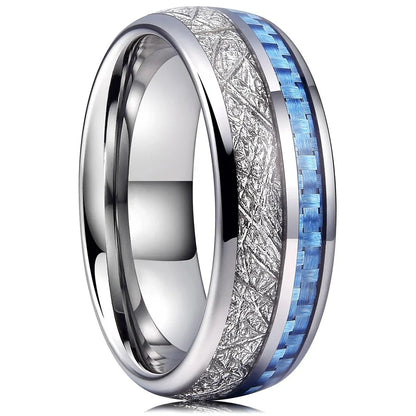 Fashion 8mm Silver Color Men Stainless Steel Rings, Pink Rose Abalone Shell Meteorite Inlay Rings for Men Women, Wedding Jewelry