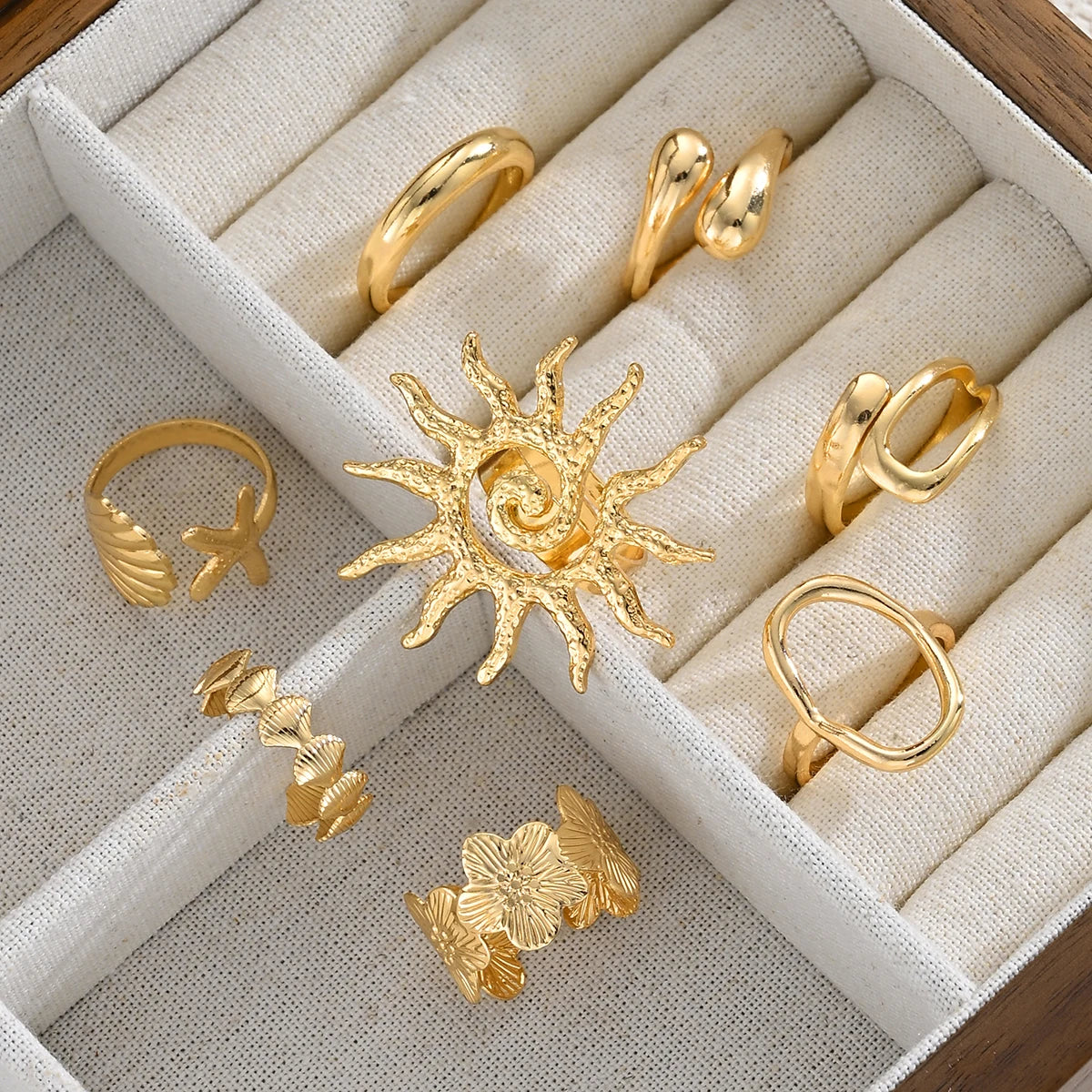 8 Pcs/Set Bohemia Sun Starfish Shell Open Rings for Women Trendy Punk Geometric Gold Color Knuckle Joint Ring Beach Jewelry Gift