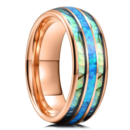 Fashion 8mm Silver Color Men Stainless Steel Rings, Pink Rose Abalone Shell Meteorite Inlay Rings for Men Women, Wedding Jewelry