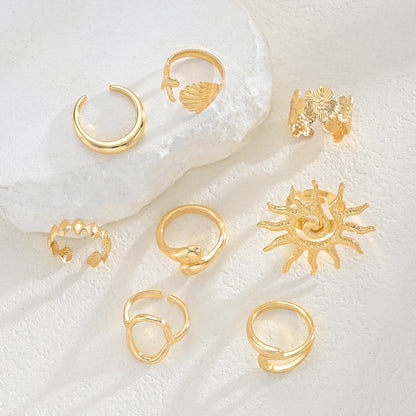 8 Pcs/Set Bohemia Sun Starfish Shell Open Rings for Women Trendy Punk Geometric Gold Color Knuckle Joint Ring Beach Jewelry Gift